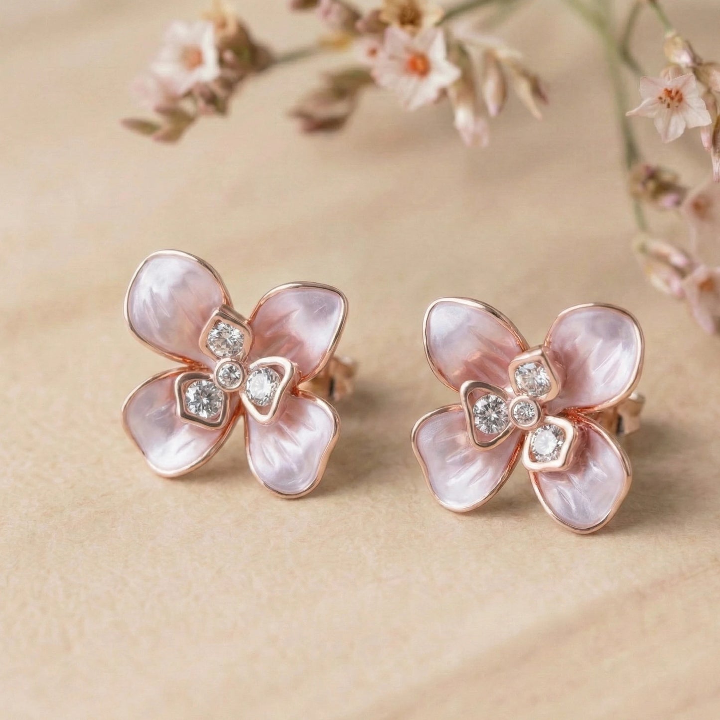Pink flower-shaped earrings with gemstones on a beige background