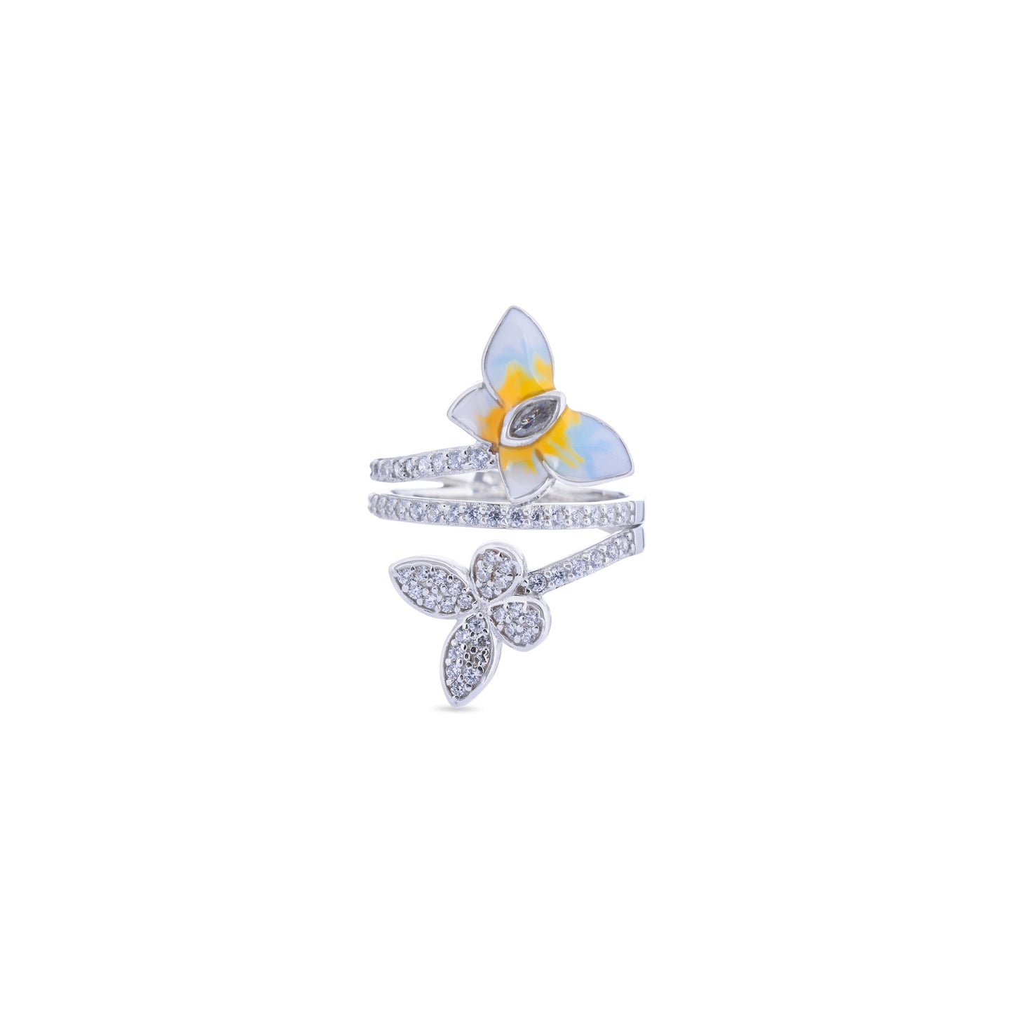 Butterfly-shaped ring with gemstone on a white background