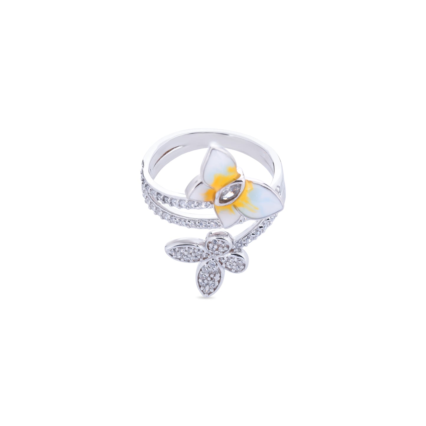 Silver ring with butterfly design on a white background